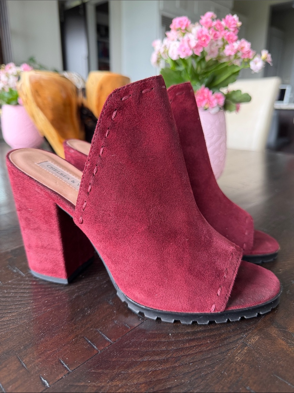 Chelsea & Violet Suede Open-Toe Block Heel Mules